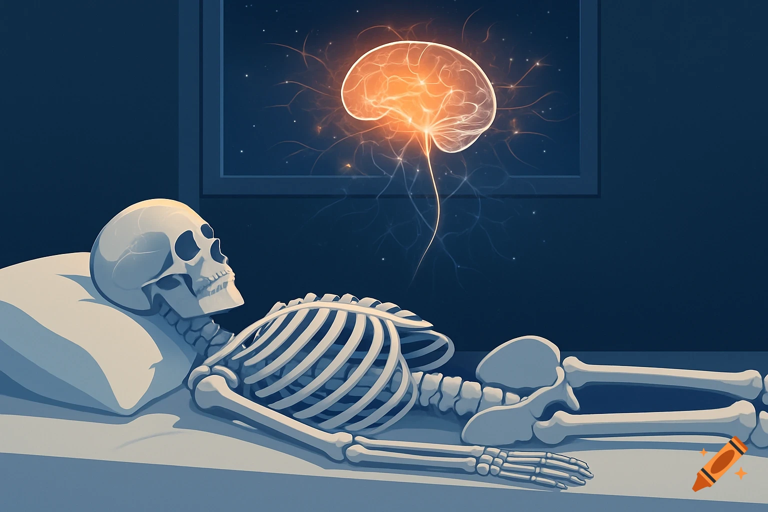 A stylized scientific illustration of a skeleton lying in bed, looking up at a glowing, pulsating brain.