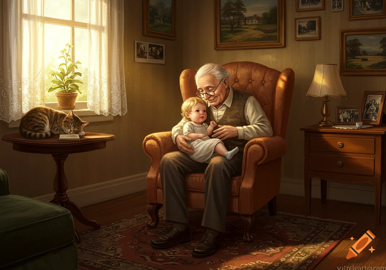 An old man sits in an armchair holding a baby in a sunlit room. A cat sleeps on a table nearby. Photorealistic style.