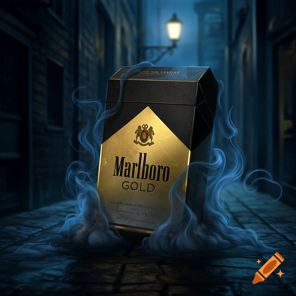 A dark and mysterious image of a black and gold Marlboro Gold cigarette pack, wreathed in blue smoke in a dimly lit alleyway.