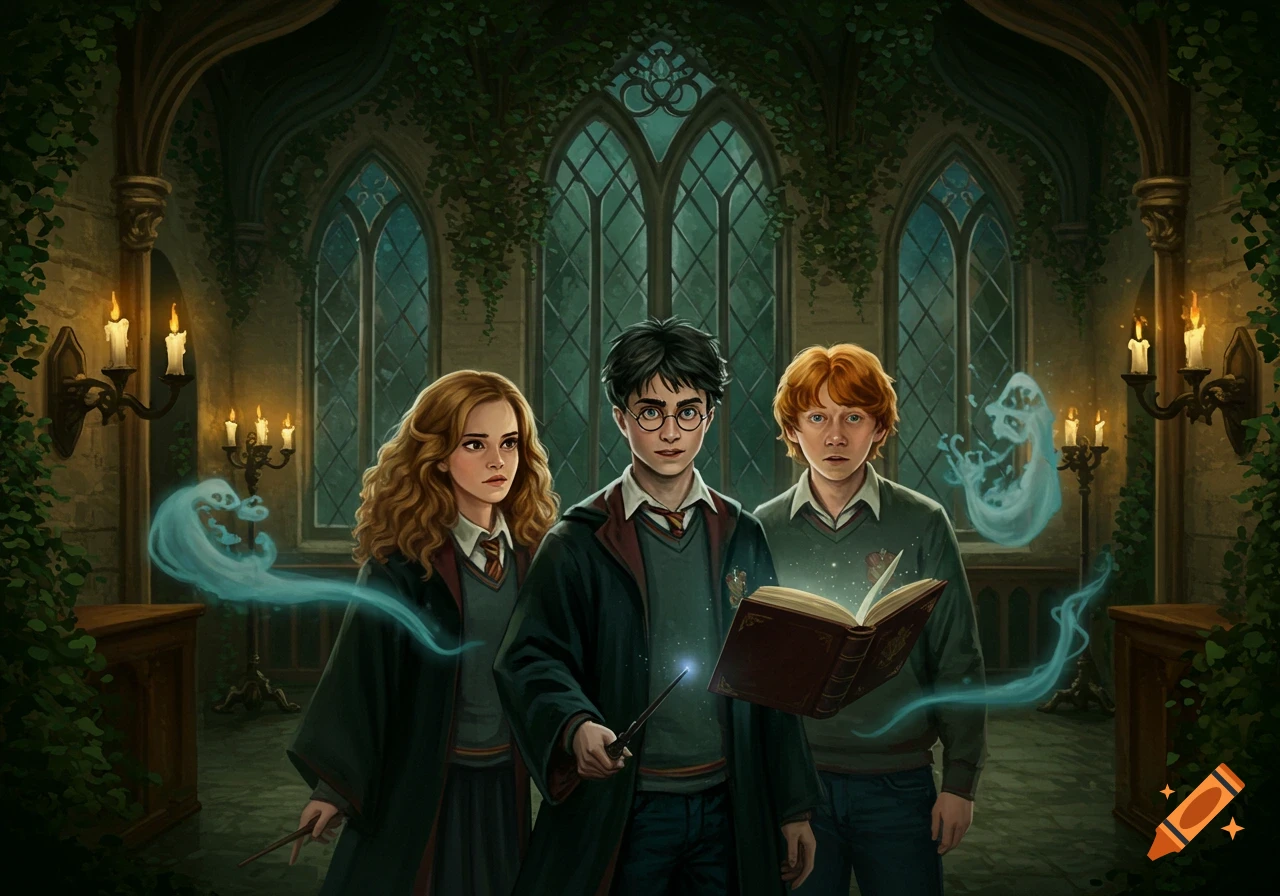 Digital painting of Harry Potter, Hermione, and Ron in a dark, ivy-covered room. Harry holds a wand, Ron a glowing book.