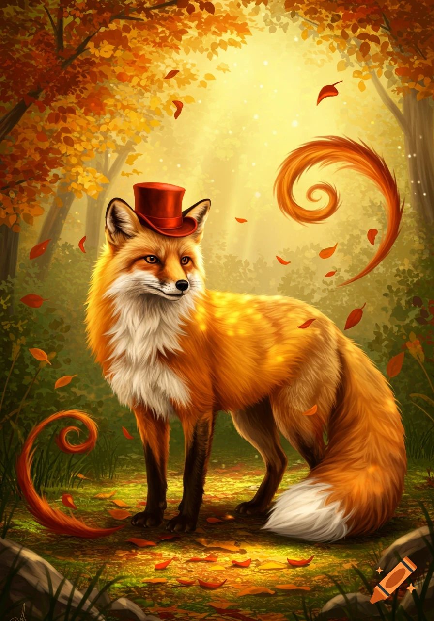 A vibrant illustration of a fox in a red top hat standing in an autumn forest with falling leaves and glowing light.