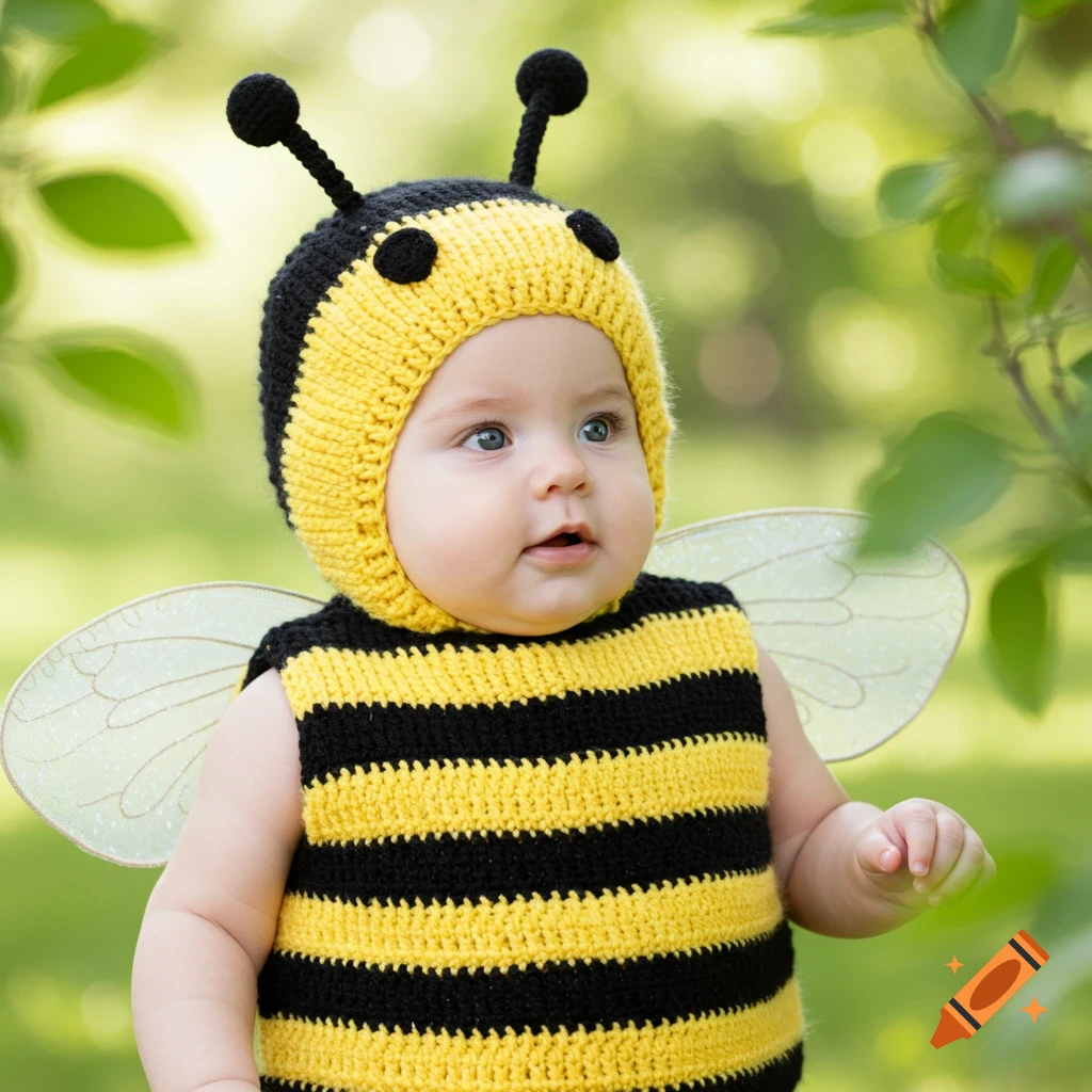 A cute baby wearing a yellow and black striped knitted bee costume with wings and antennae, looking up in a green outdoor setting.