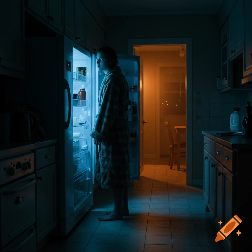 Photorealistic image of a person in a robe looking into a brightly lit refrigerator in a dark kitchen at night.