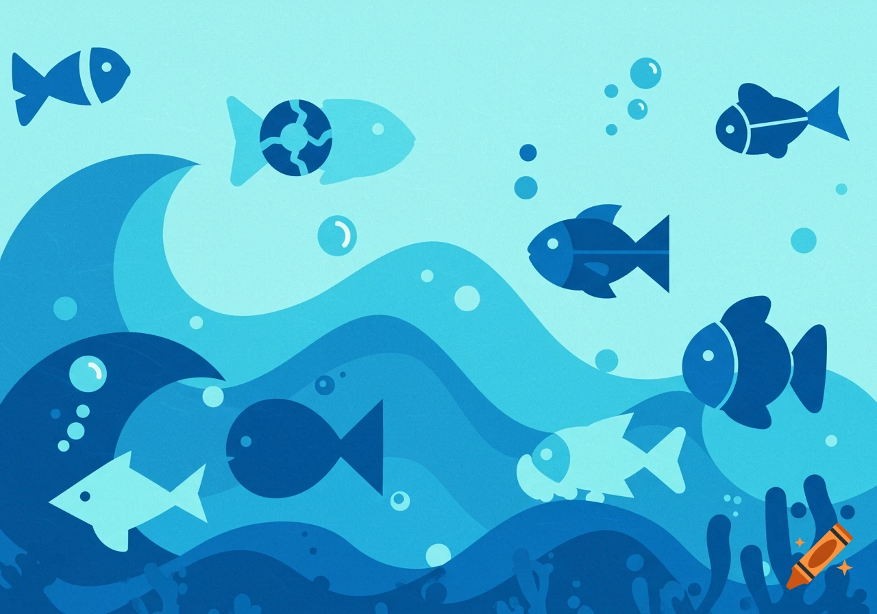 Stylized blue clip art illustration of fish swimming among waves and bubbles in an ocean.