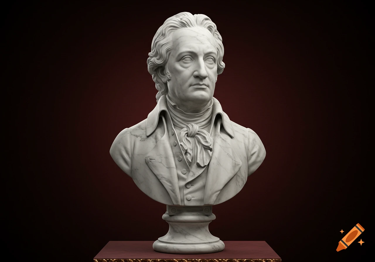 A detailed marble bust of a man with curly hair and a ruffled cravat, on a stand against a dark red background.