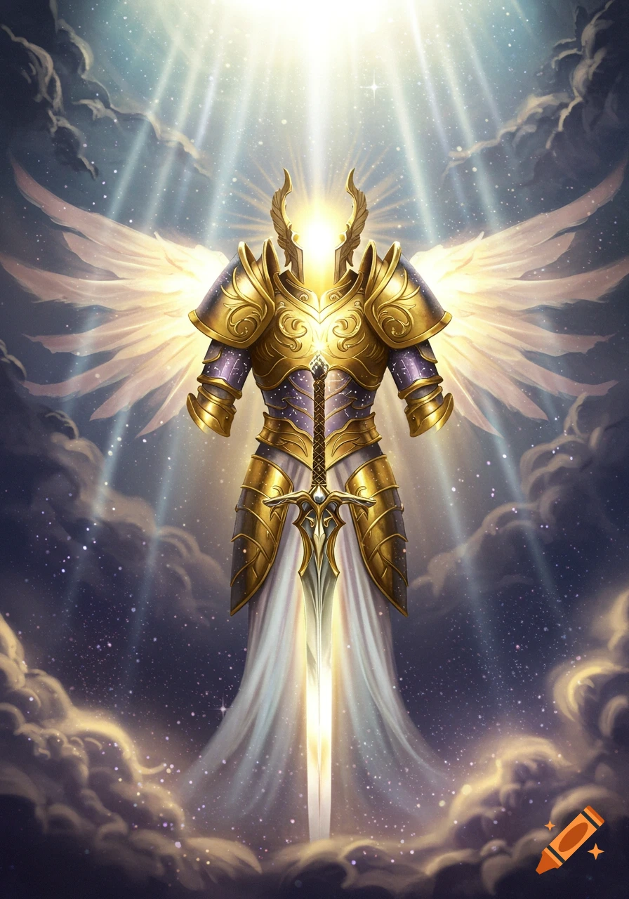 A majestic armored angelic figure with large wings and a sword, glowing brightly amidst a starry sky and clouds.