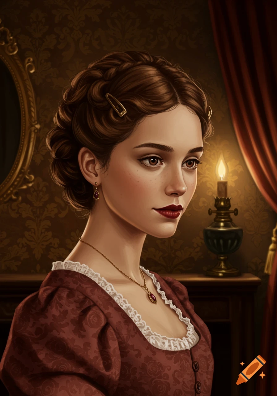 A portrait of a young woman with a chignon and red lipstick in Victorian attire, illuminated by a candle.