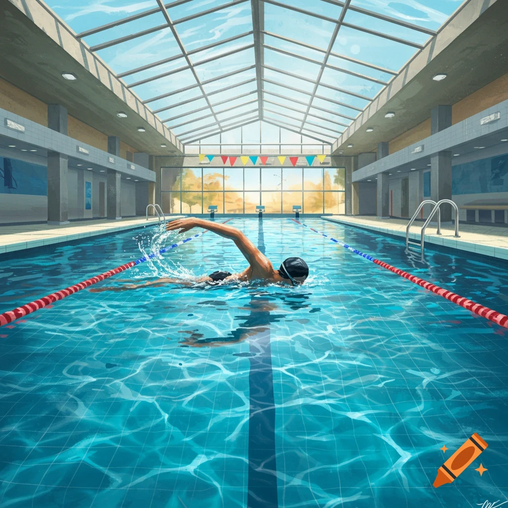An illustrated image of a swimmer doing the crawl stroke in a bright indoor swimming pool with a glass roof.