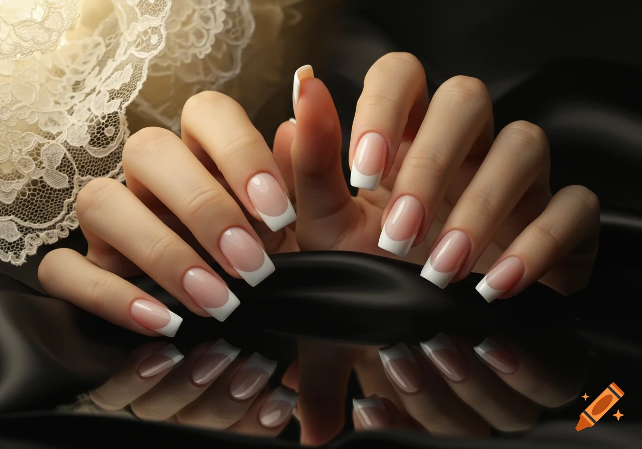 Two hands with elegant French manicured nails hold a dark reflective object, with white lace in the background.
