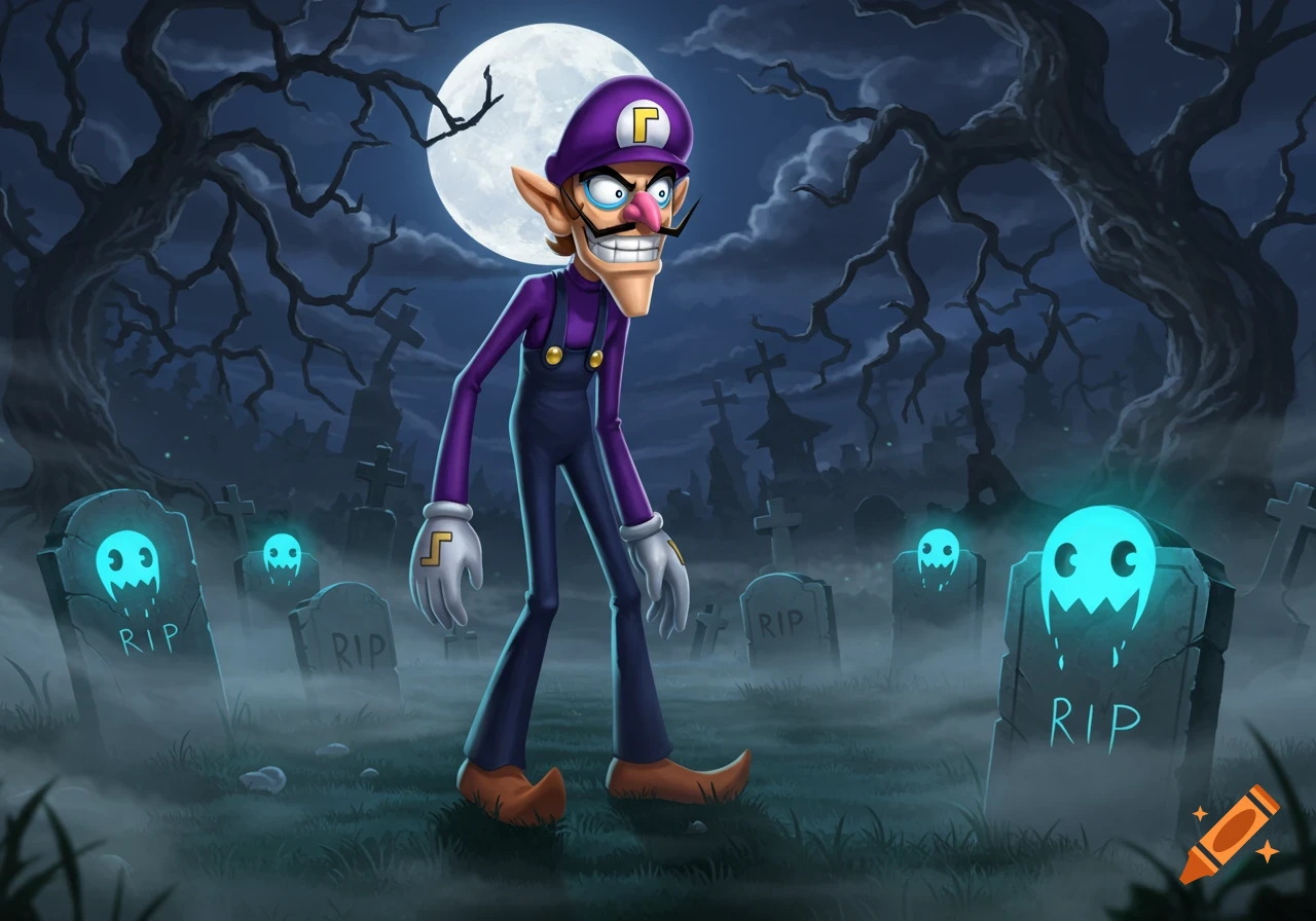 Waluigi with a mischievous grin stands in a dark, foggy graveyard under a full moon, surrounded by glowing ghost-faced tombstones.