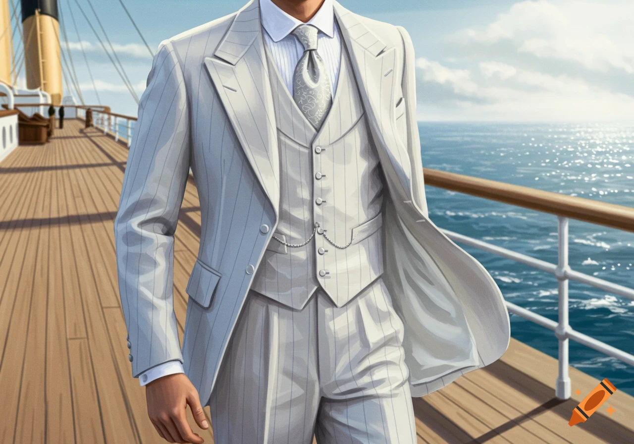 A man in a white pinstripe three-piece suit and tie stands on the wooden deck of a large ship with the ocean in the background.