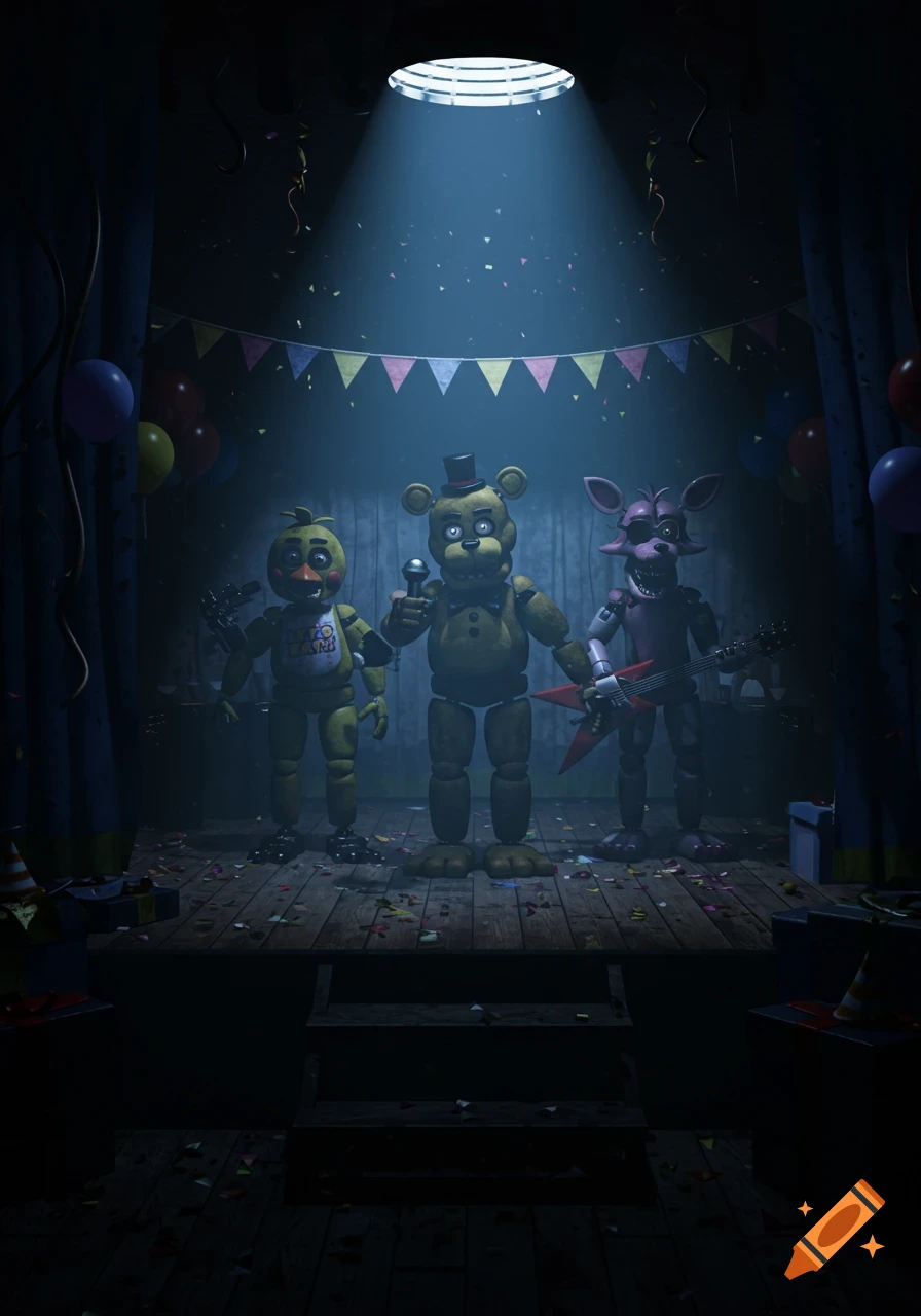 Three animatronics, Freddy, Chica, and Foxy, stand on a dimly lit stage with party decorations.