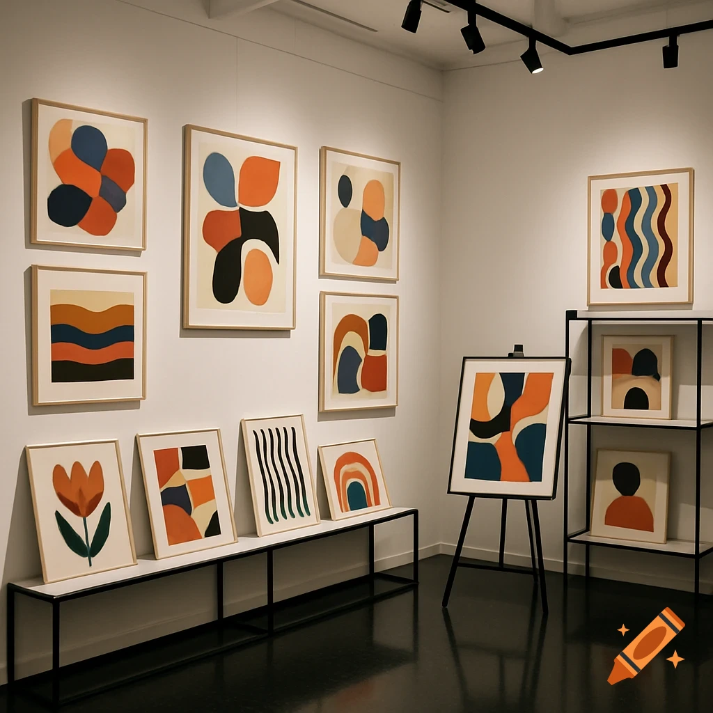A brightly lit art gallery with numerous framed abstract paintings and prints featuring organic shapes and warm, muted colors, displayed on white walls, a long bench, an easel, and black metal shelves.