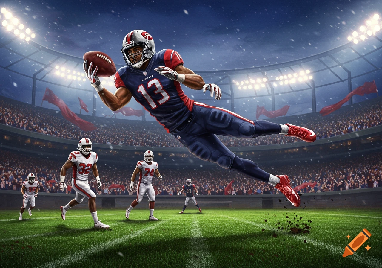 Dynamic illustration of an American football player in uniform #13 diving with the ball in a stadium during a night game.