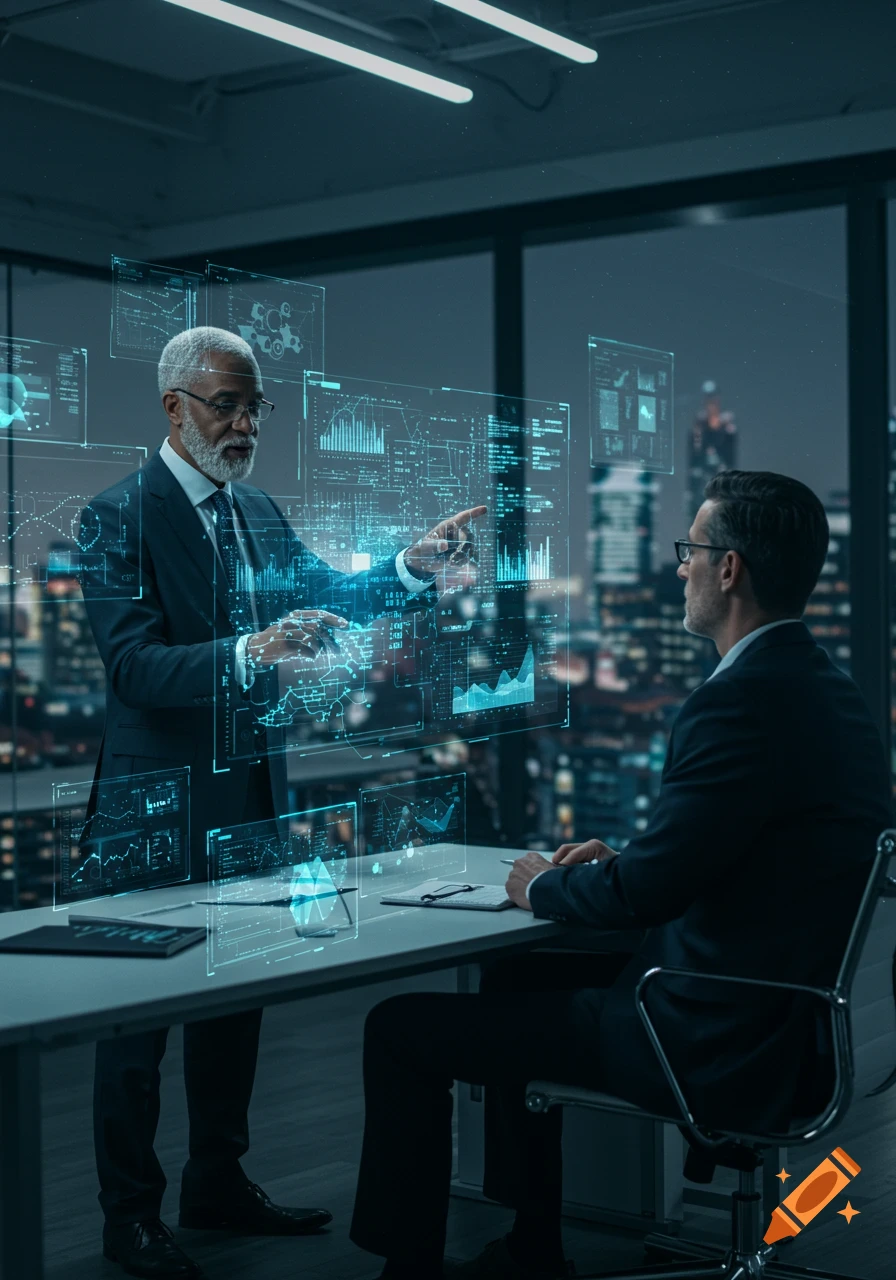 Two businessmen, an older man with a beard and a younger man, discuss data on holographic screens in a modern office with city lights in the background.