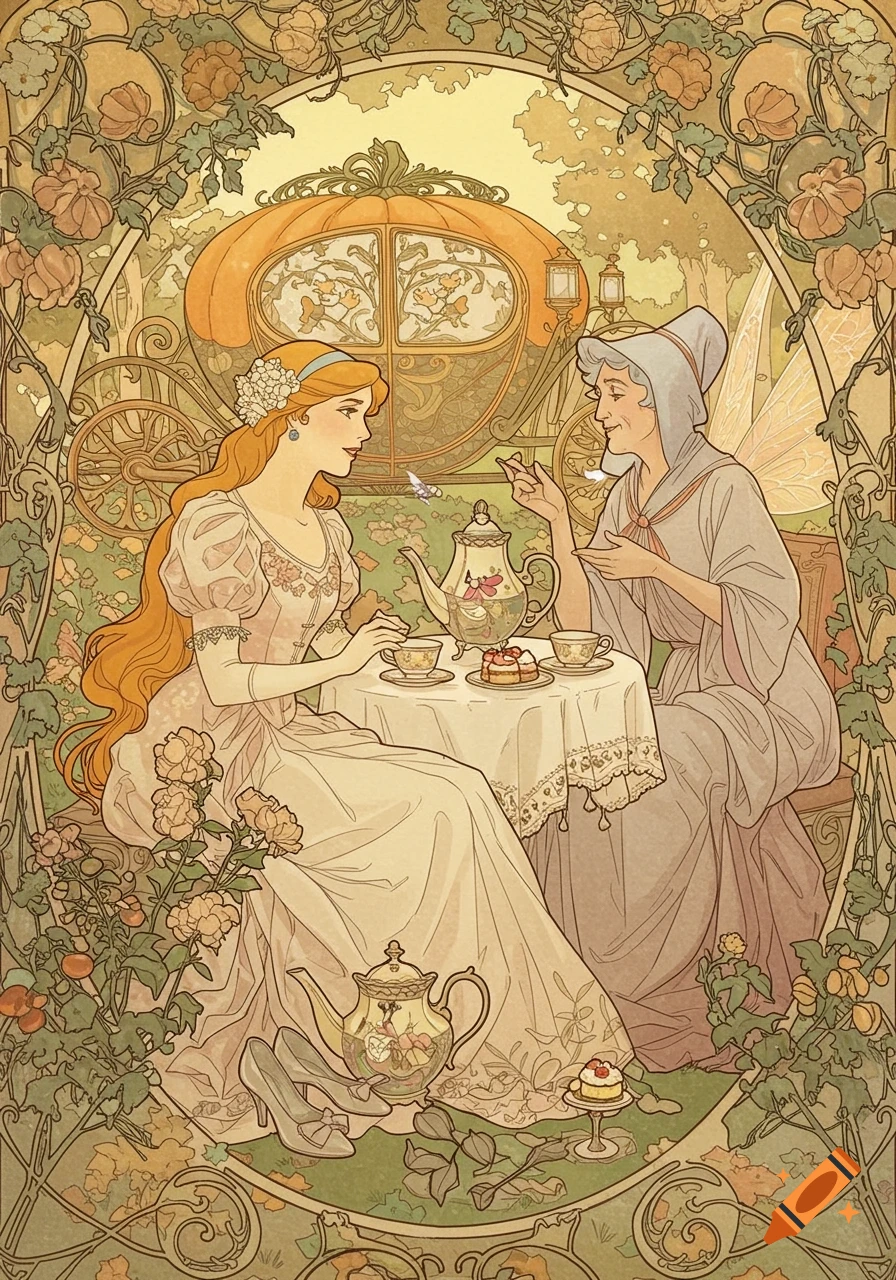 Art Nouveau illustration of Cinderella and her Fairy Godmother having a tea party in a garden, with a pumpkin coach and glass slippers.