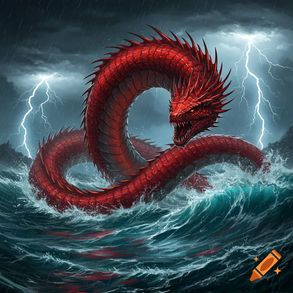 A large red spiky sea monster emerges from stormy waters with lightning in a dark sky, fantasy art style.