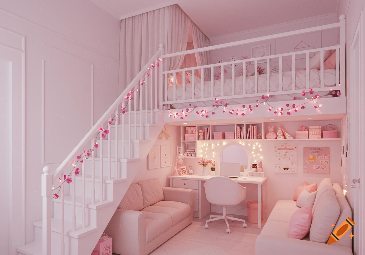 A pink and white aesthetic bedroom featuring a loft bed accessible by white stairs decorated with pink fairy lights. Below the bed is an L-shaped desk with a vanity and a white chair, flanked by pink sofas.