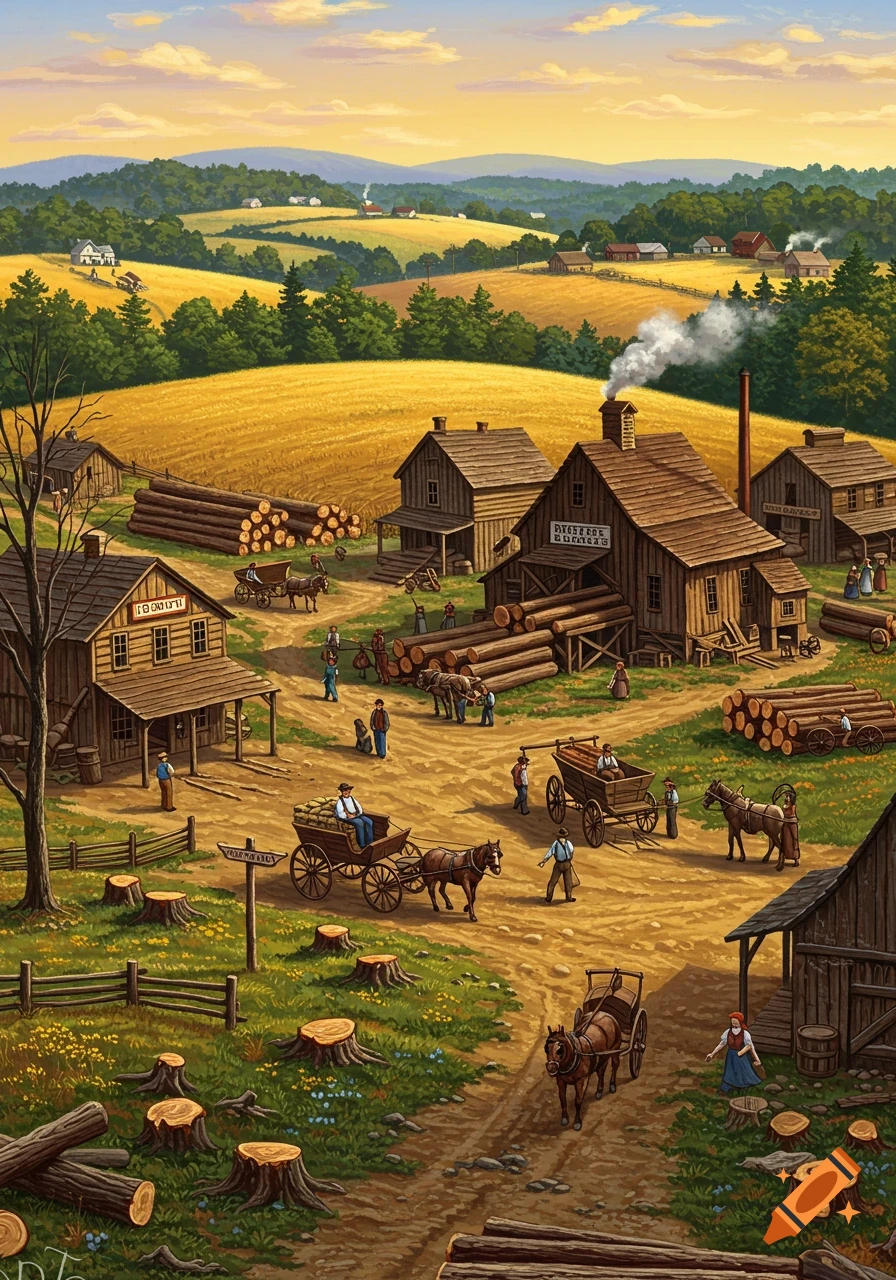 An illustrative painting depicts a bustling 1890s lumber town with wooden buildings, log piles, horse-drawn wagons, and people working. Rolling hills and fields are in the background.