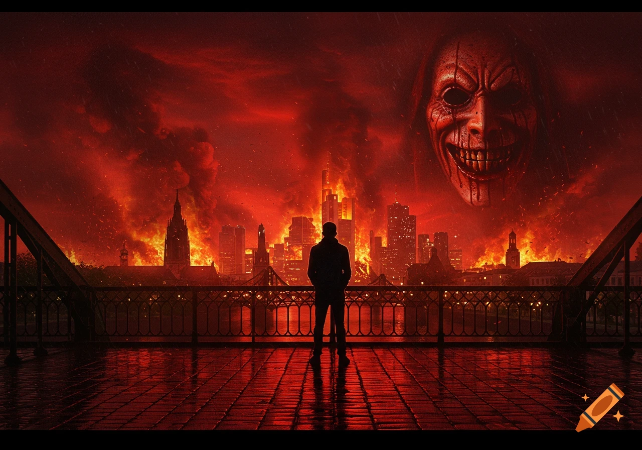 A man stands on a bridge overlooking a burning city with a giant, bloody skeletal mask looming in the red sky.