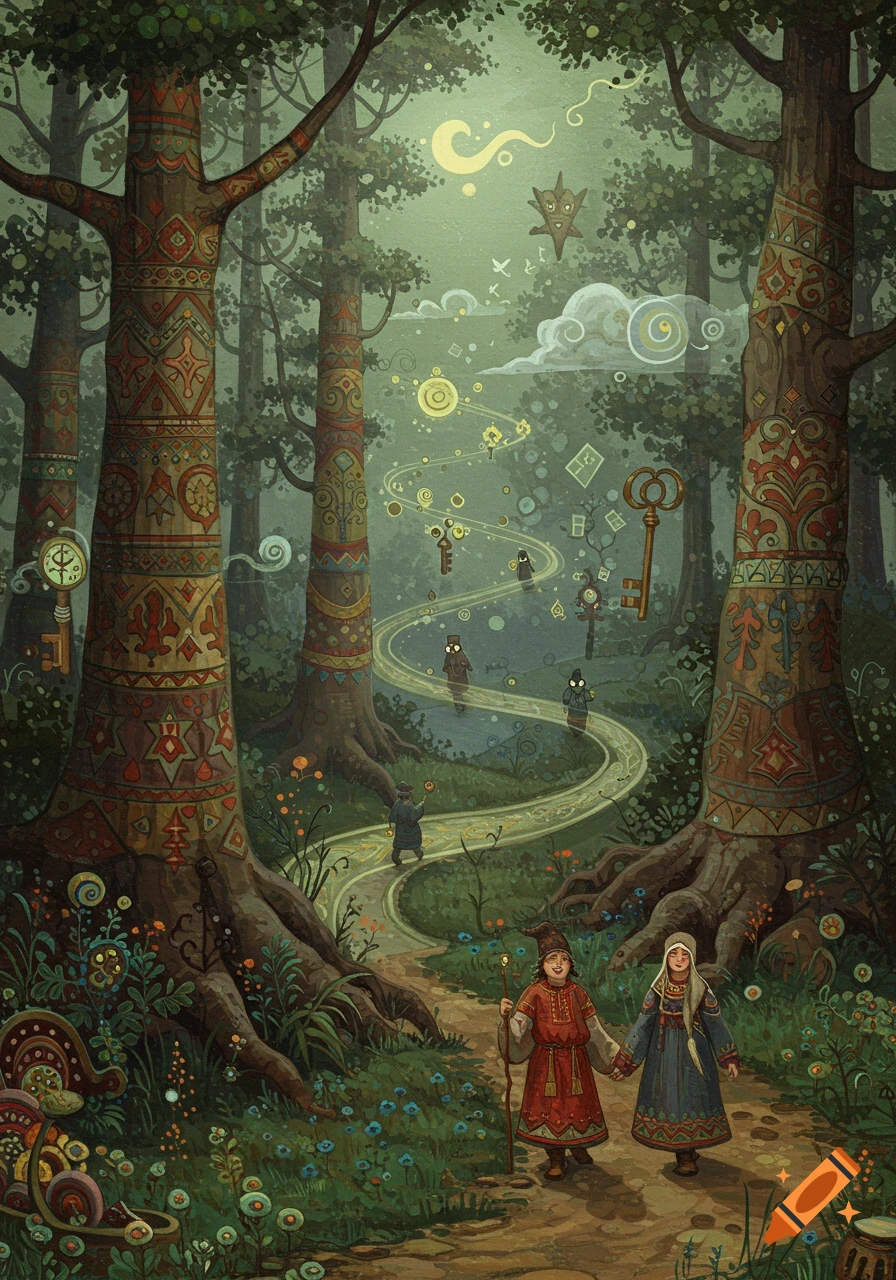 A stylized painting of two children walking hand-in-hand on a glowing path through a magical forest with patterned trees and floating keys and symbols.