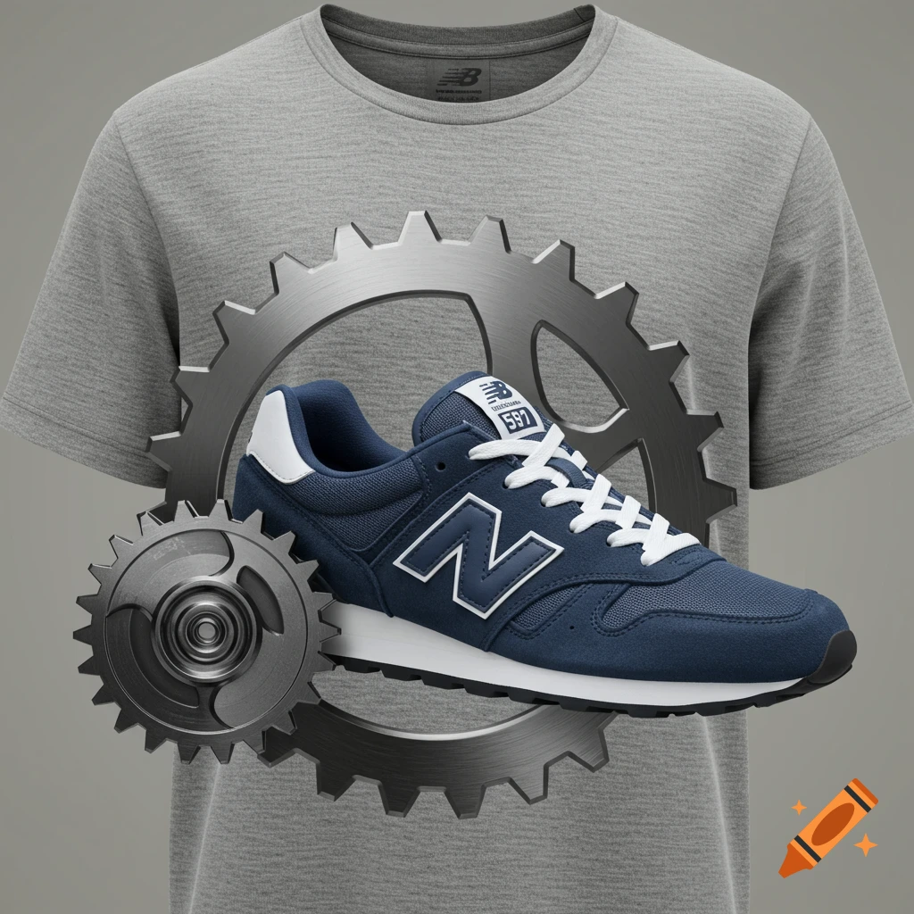 A navy blue New Balance sneaker with white laces and an 'N' logo is placed in front of a large metal gear, all superimposed on a gray t-shirt.