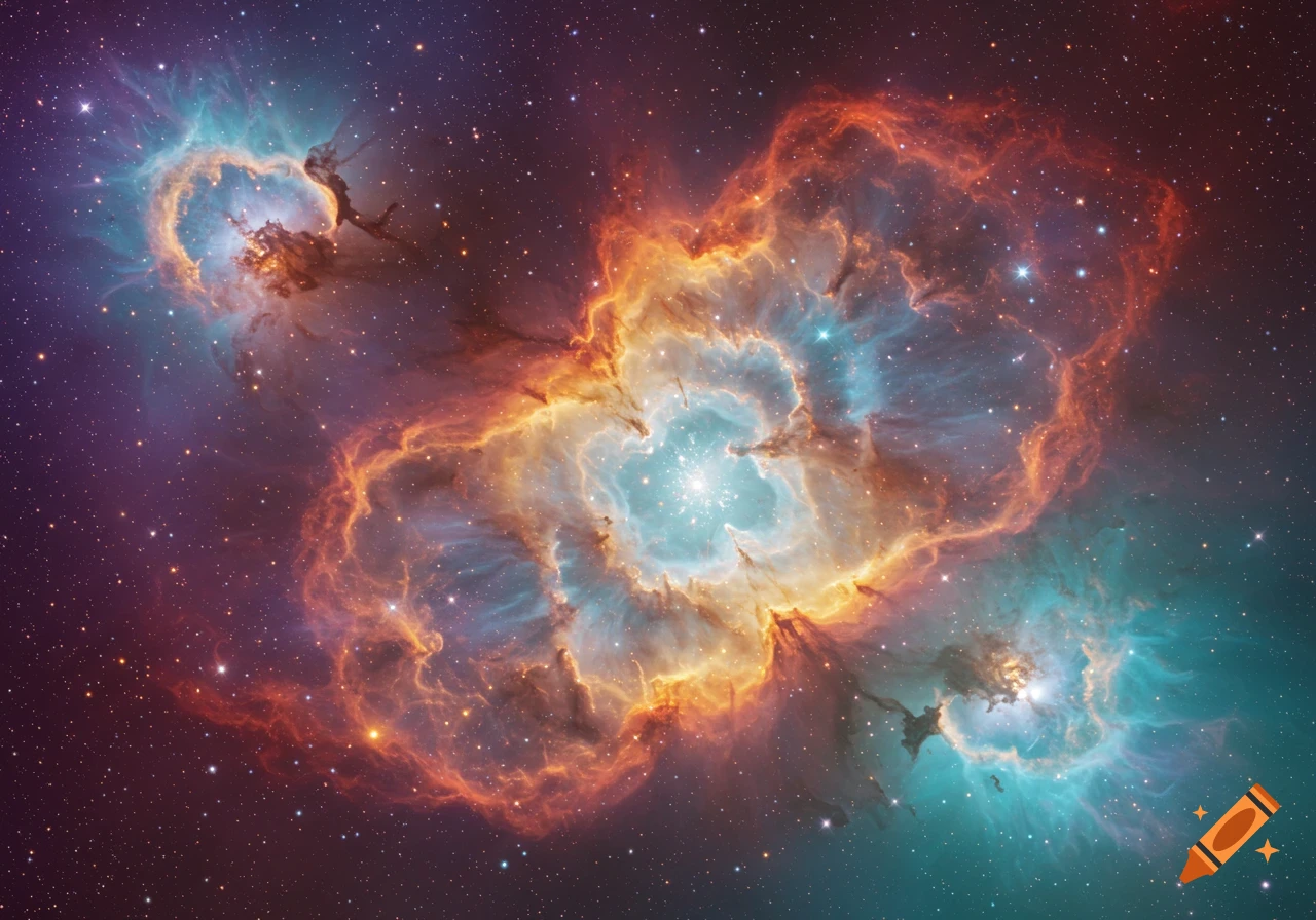 Vibrant space nebula with orange, red, and blue gas and dust, illuminated by a bright star cluster against a starry background.