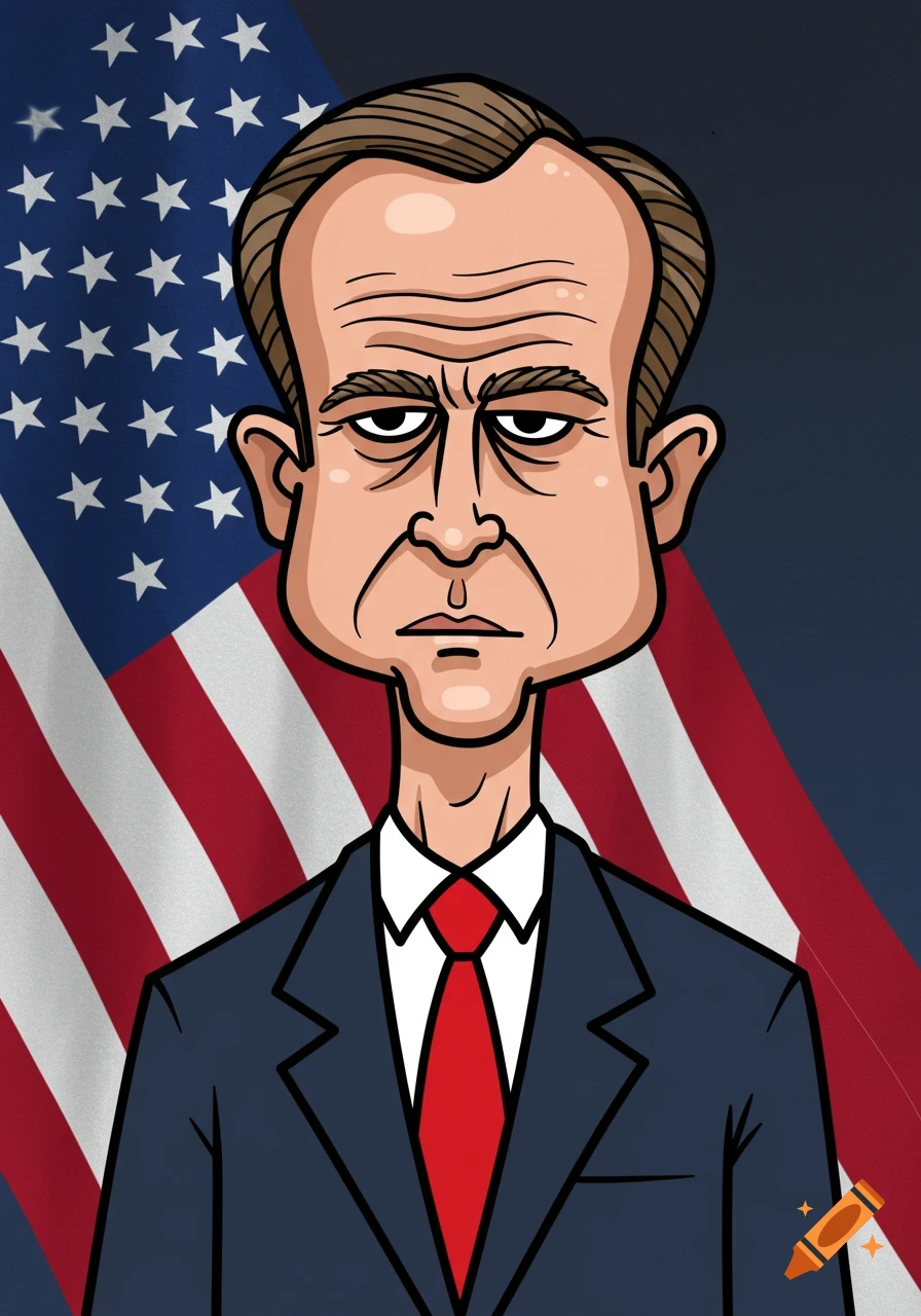 A goofy cartoon man with a large head, serious expression, in a suit and red tie, against an American flag background.