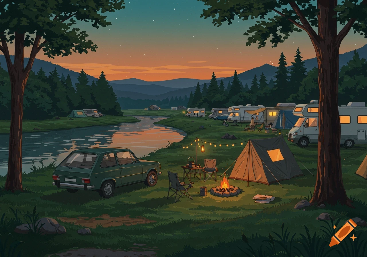 A vibrant graphic illustration of a busy riverside campground at dusk with a campfire, tents, cars, and RVs under a starry sky.