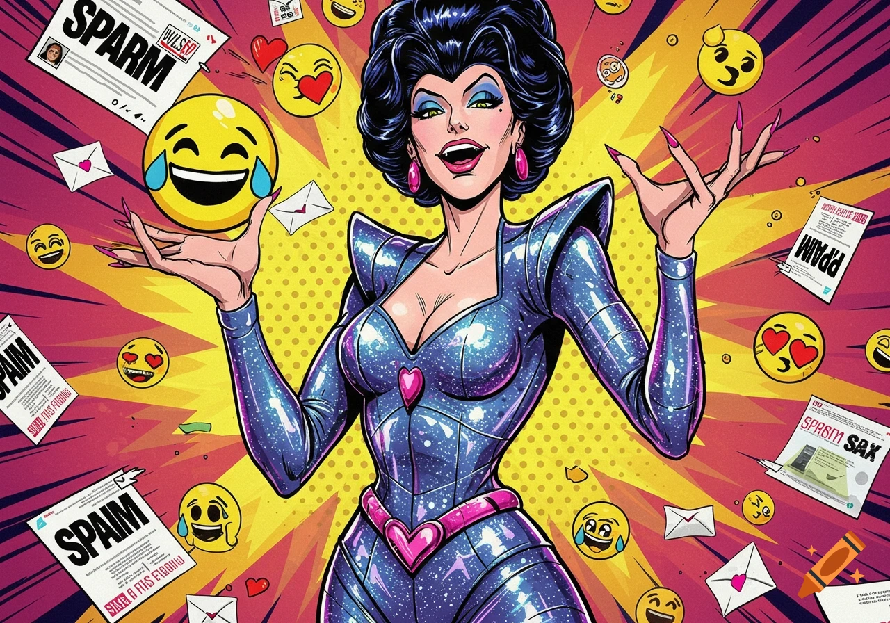 A comic-book style female villain in a sparkling blue outfit, with a confident expression, surrounded by floating spam emails and emojis against a vibrant yellow and pink background.