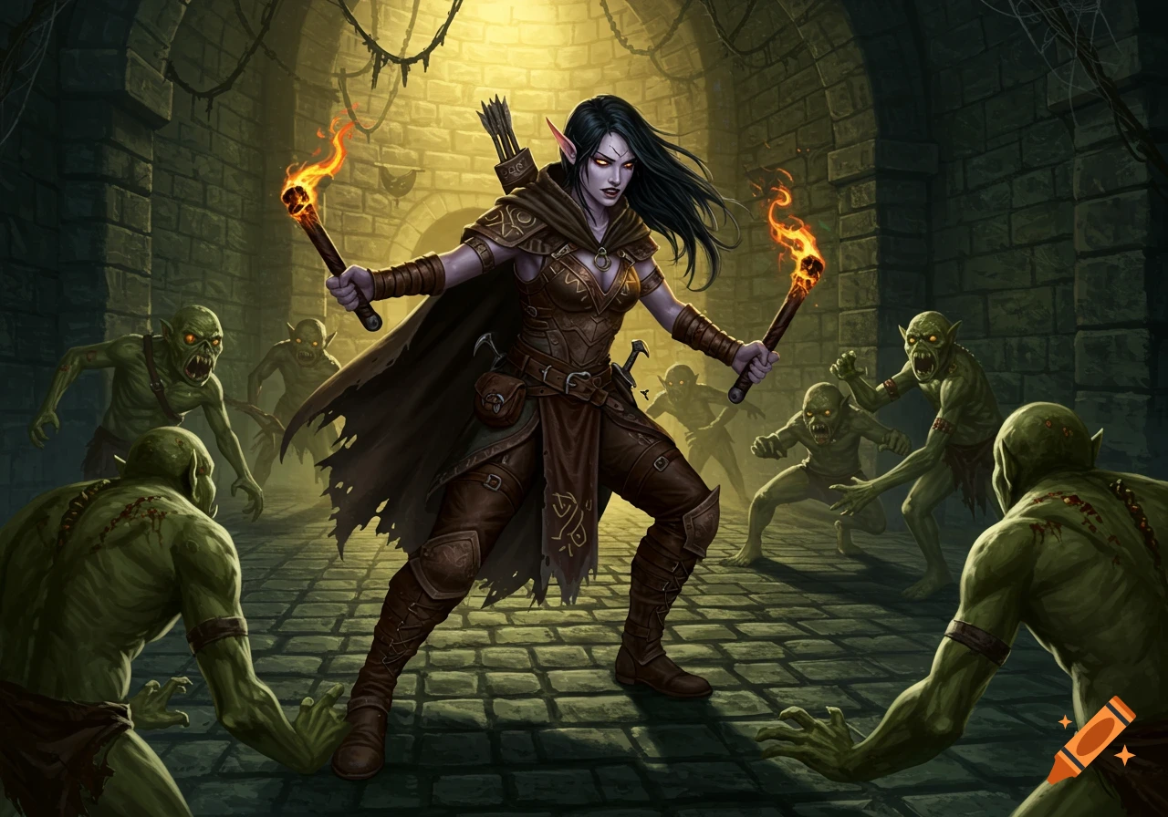 A dark-haired elf ranger with two torches fights a horde of green goblins in a dimly lit dungeon.