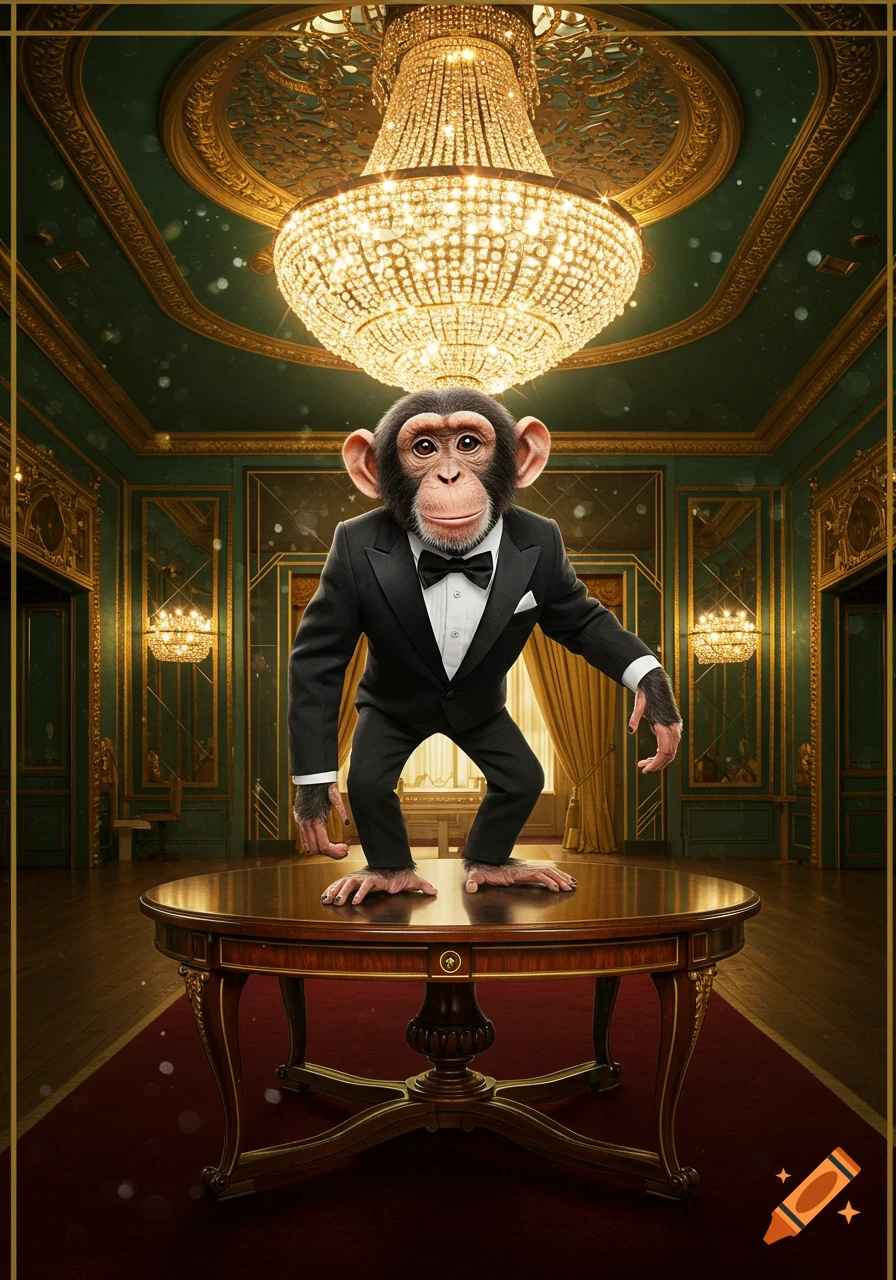 A chimpanzee in a black tuxedo stands on a polished wooden table in a lavish green and gold room with a grand crystal chandelier.