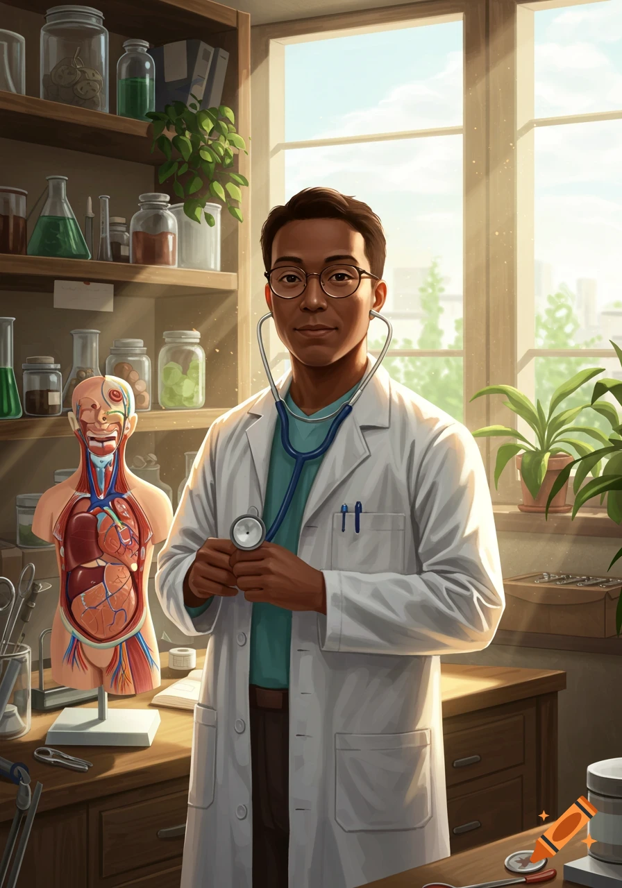 A male doctor wearing glasses and a lab coat stands in a sunny office with a stethoscope, next to an anatomical model.