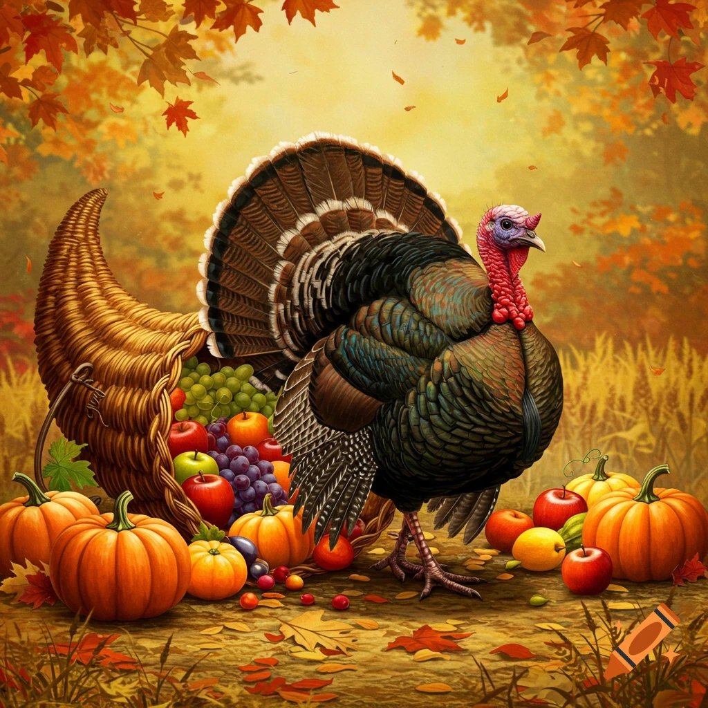 A colorful turkey stands by an overflowing cornucopia with pumpkins and autumn leaves in a vibrant, illustrative fall setting.