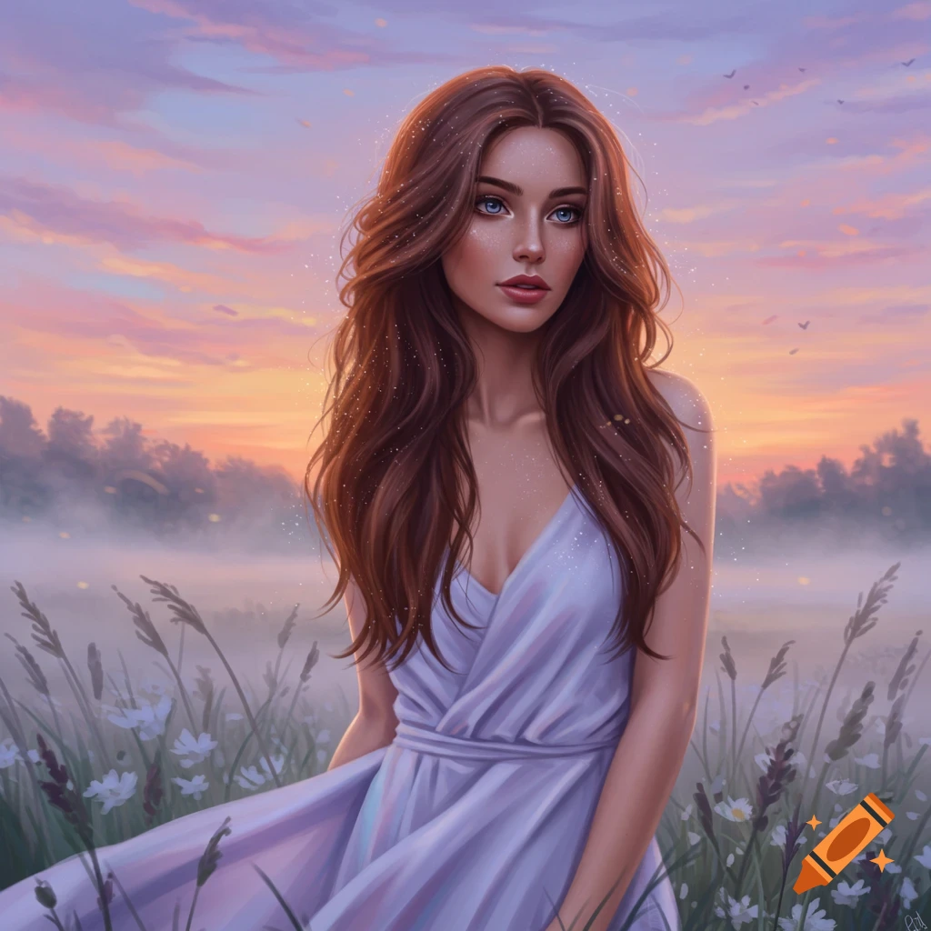 Digital painting of a beautiful woman with long brown hair and blue ...