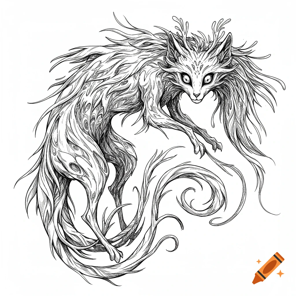 A black and white line art illustration of a whimsical, feline-like fantasy creature with flowing, textured fur and a curly tail.