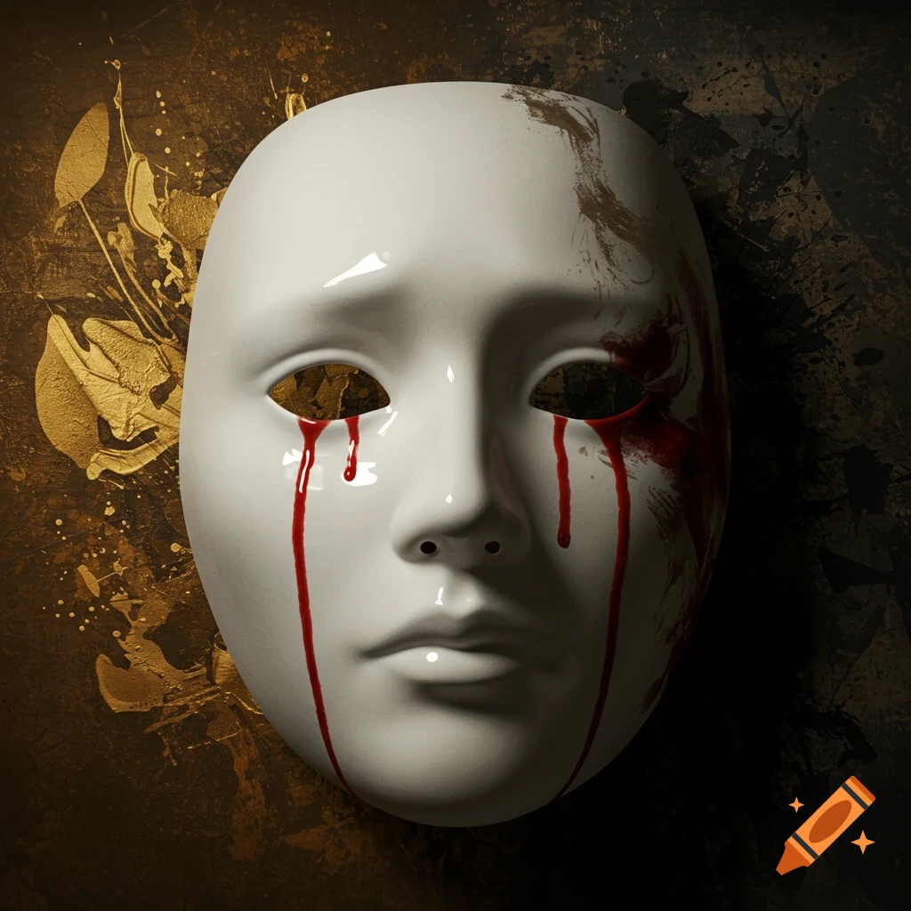 A white, blank mask with red liquid dripping from the eye holes, set against a dark, textured background with gold accents on the left.