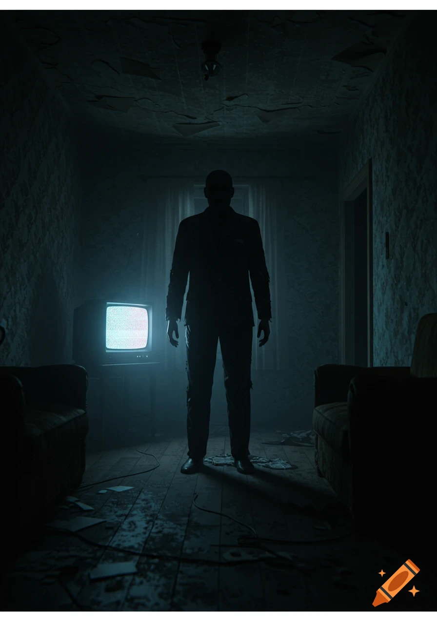 A dark, eerie room with a silhouetted figure standing in front of a static-filled TV.