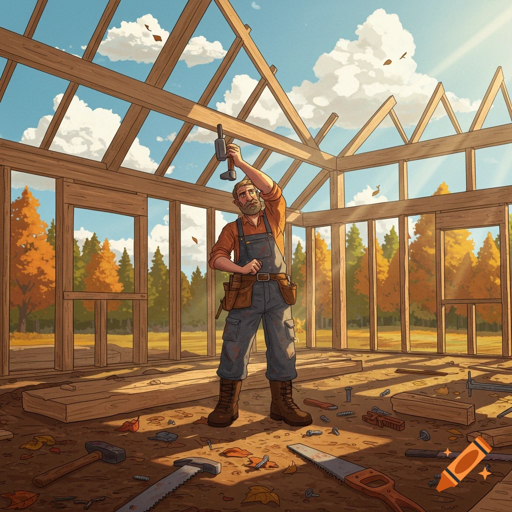 A bearded man in overalls and a tool belt stands in the wooden frame of a house, hammering a beam. Construction tools and autumn leaves are scattered on the ground.