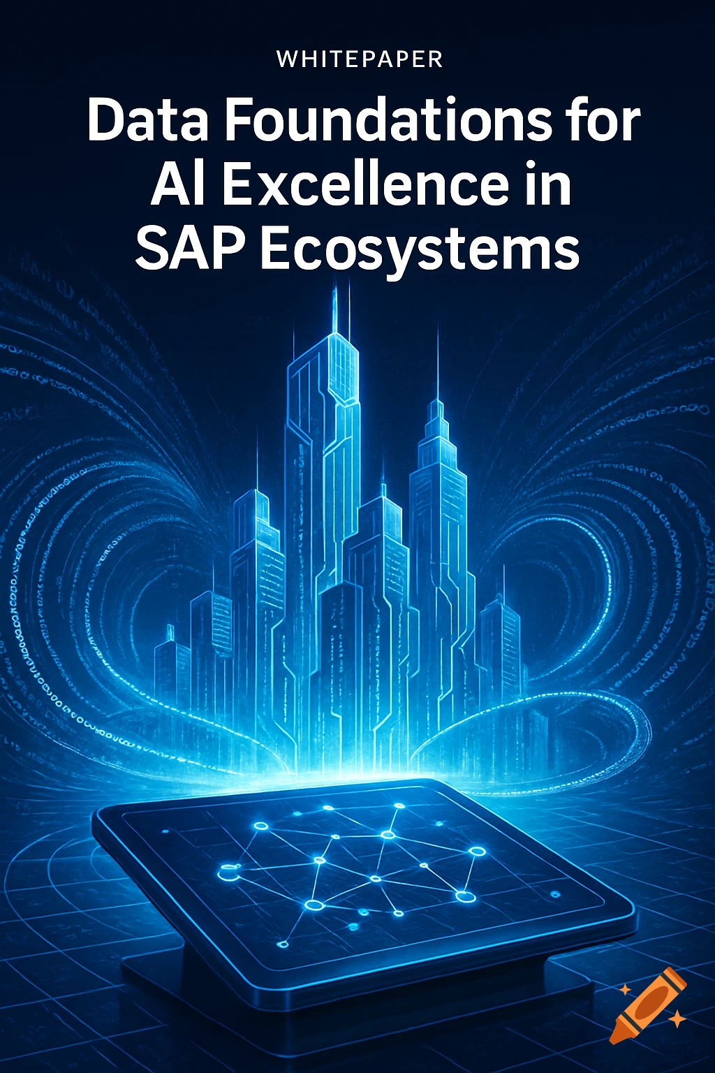 A blue futuristic digital illustration of a cityscape with data lines and a tablet, titled 'Data Foundations for AI Excellence in SAP Ecosystems'.