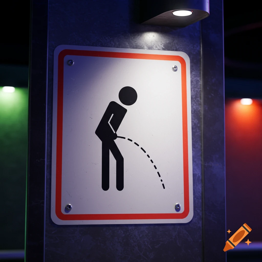 A close-up of a white and red sign depicting a black pictogram of a man urinating, mounted on a dark, textured wall with accent lighting.
