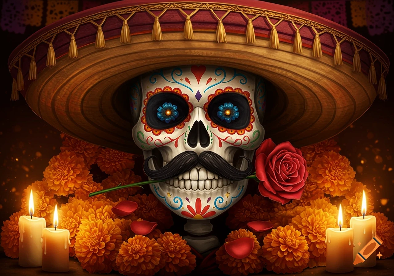 Vibrantly decorated sugar skull in a sombrero with a mustache and rose, surrounded by marigolds and lit candles for Día de los Muertos.
