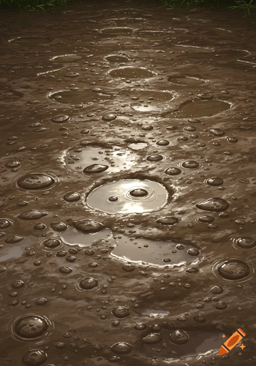 A close-up, top-down view of wet brown mud with numerous puddles and small air bubbles on the surface, reflecting light.