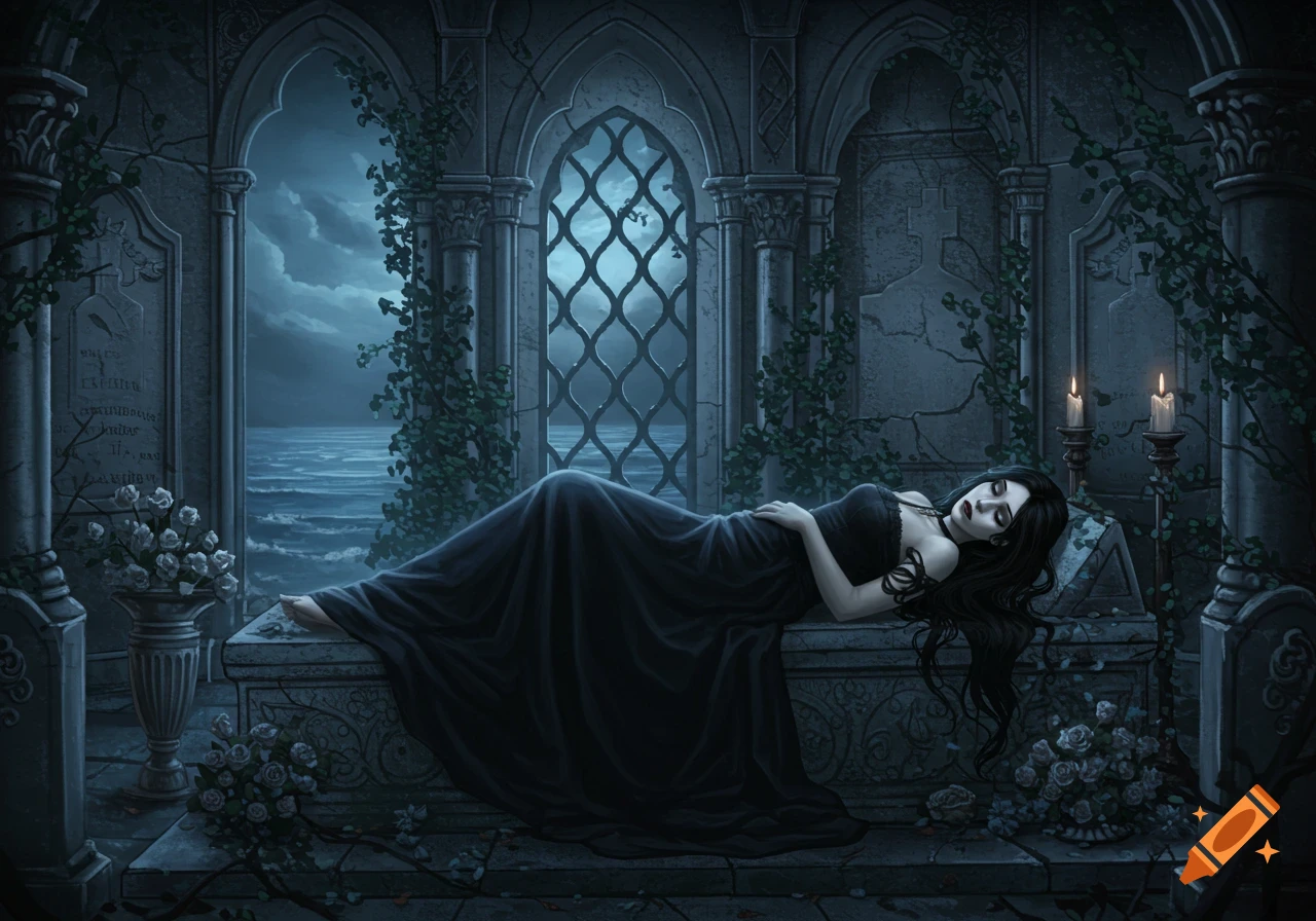 A woman with long dark hair and a black dress lies on a stone sepulchre ...