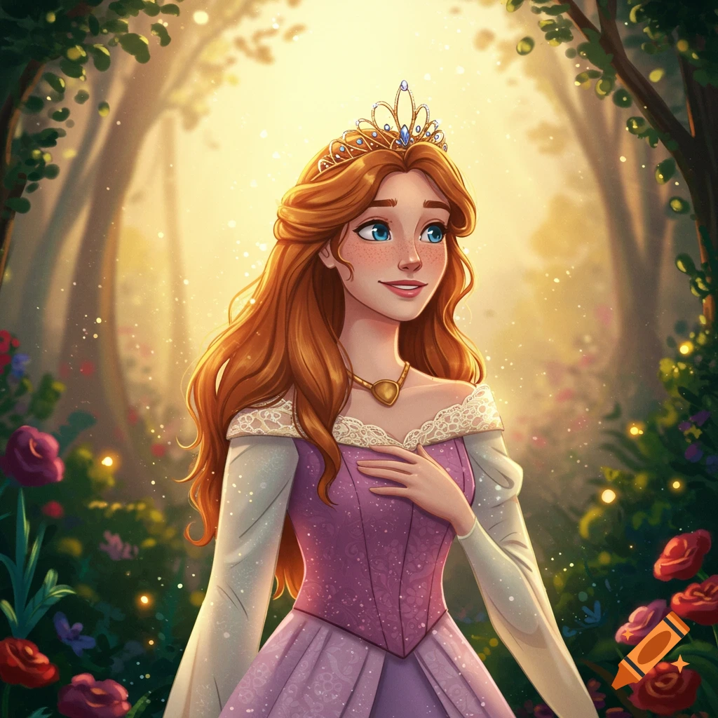 A red-haired princess with a crown and purple dress stands in a magical, sunny forest with flowers, in a Disney-like illustration.