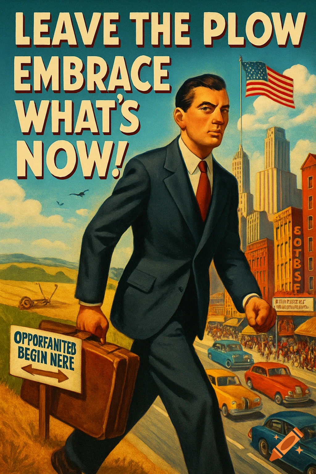 Man in a suit walks from a farm to a bustling 1950s city under an American flag, with a propaganda slogan "LEAVE THE PLOW EMBRACE WHAT'S NOW!"