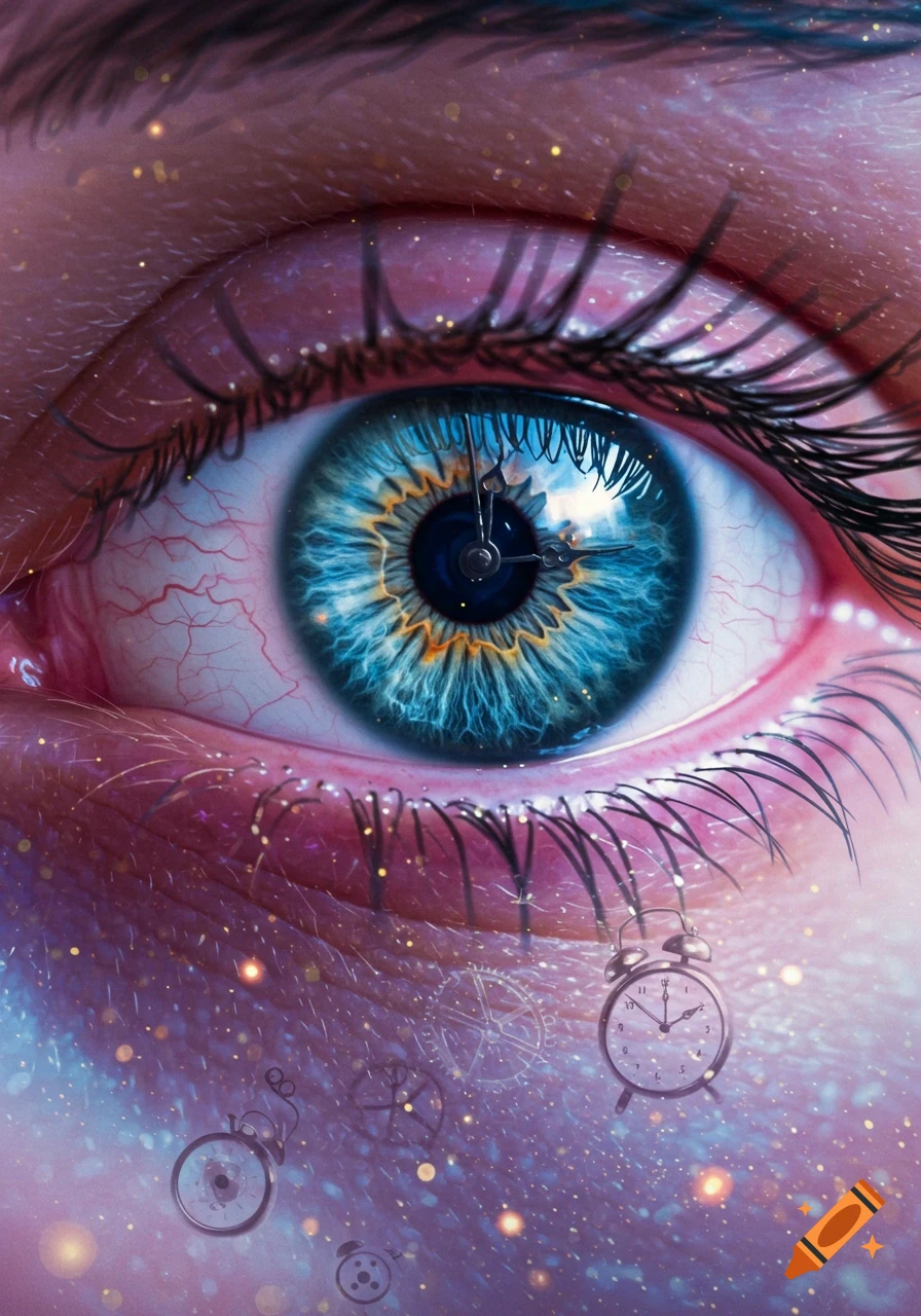Close-up of a blue eye with clock hands in the pupil, surrounded by floating clocks and glitter, in a surreal, dreamlike style.