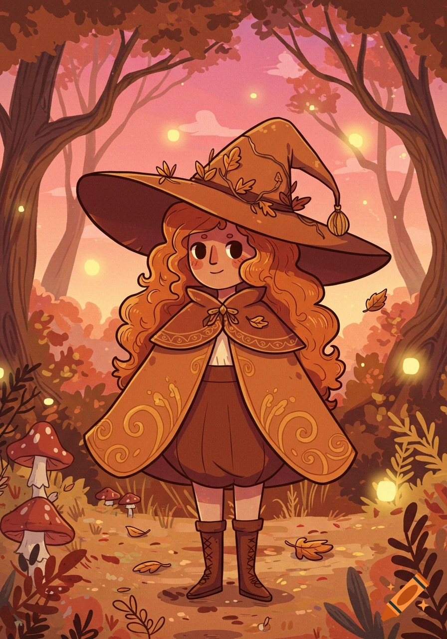 A cute cartoon witch with long curly orange hair, wearing a wide-brimmed hat and cape adorned with autumn leaves, stands in a whimsical forest with mushrooms and glowing lights.