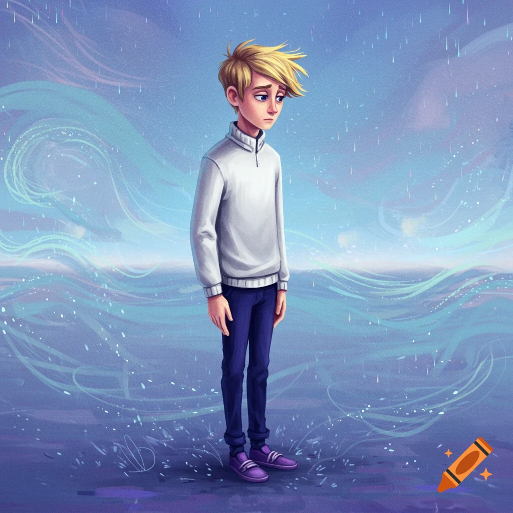 Stylized illustration of a sad blonde boy in a white sweater and blue pants standing alone in a blue and purple wavy landscape with rain.