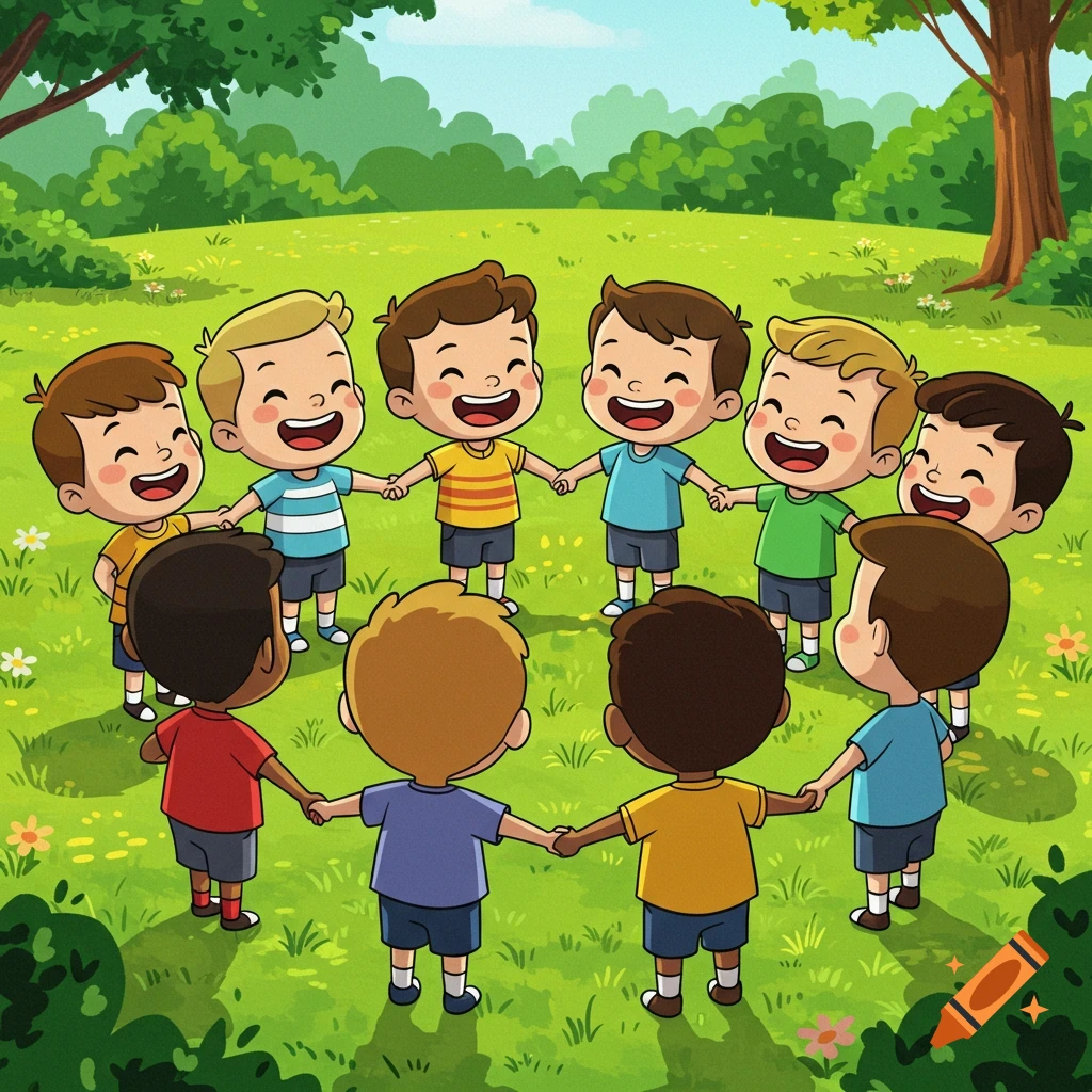 Cartoon illustration of happy boys holding hands in a circle on a grassy field in a park.